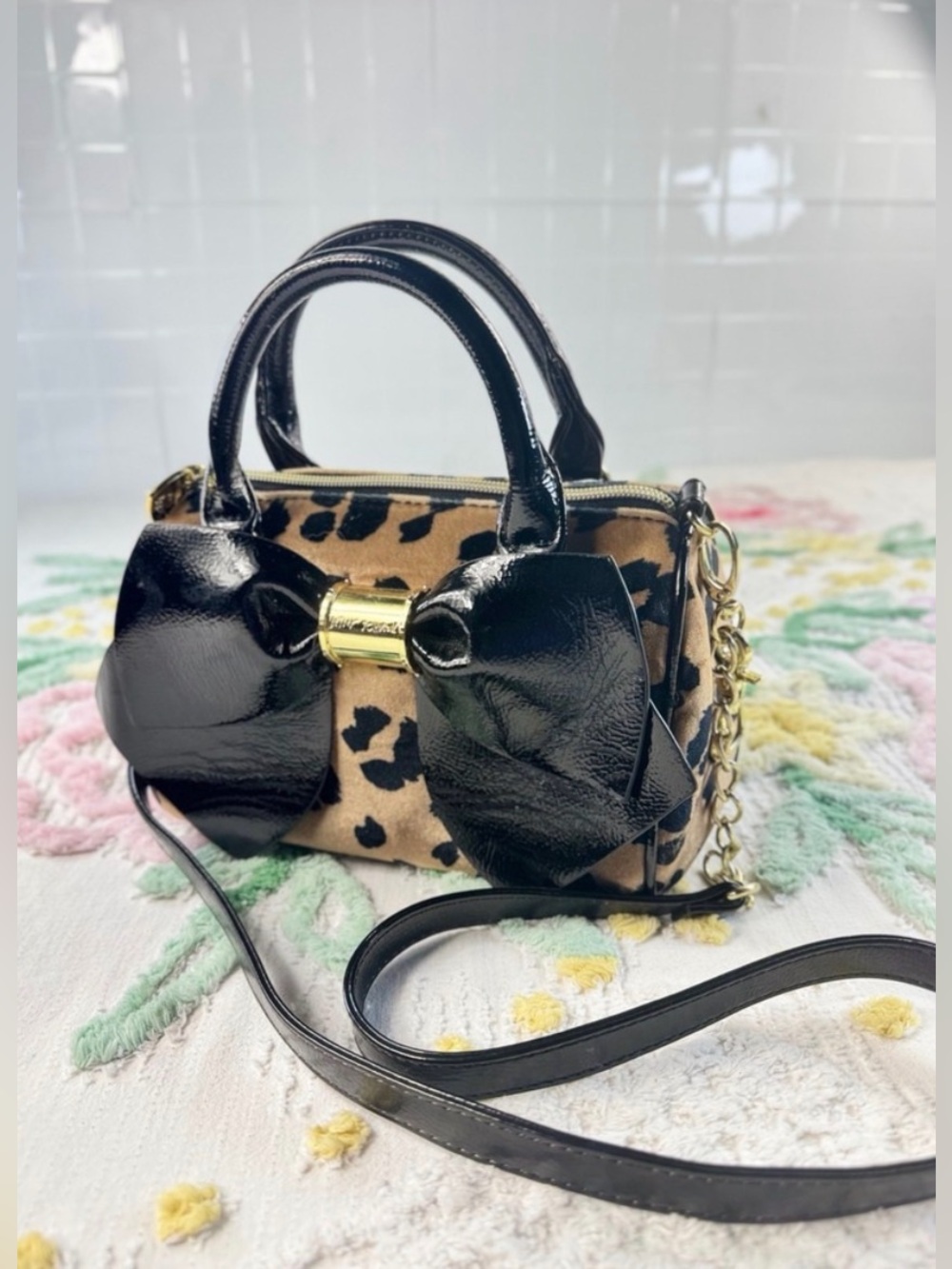 Betsey Johnson Leopard Print Mini Satchel Black Patent Bow Crossbody Bag